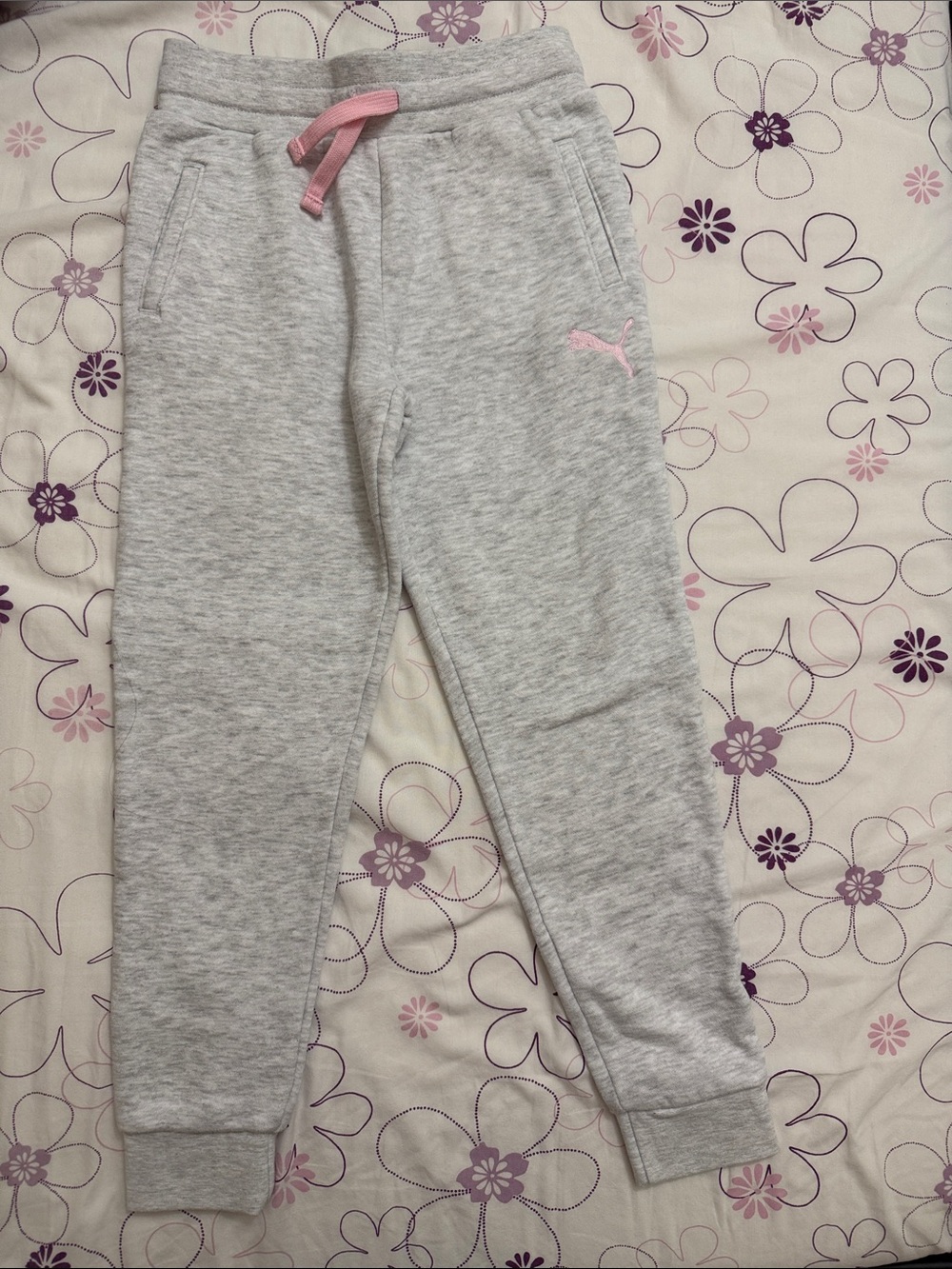 Puma Light Gray Joggers with Pink Drawstring and Logo